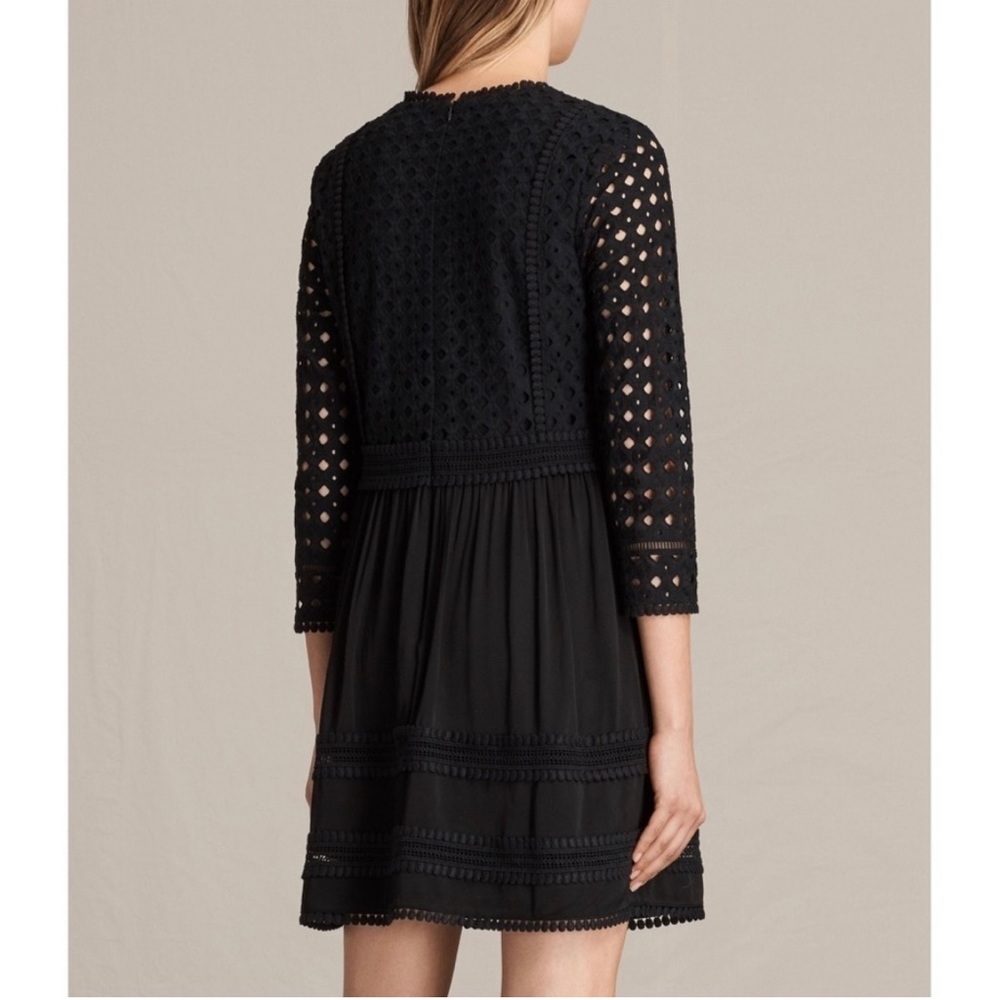 All Saints Black Crochet V-Neck Long Sleeve Mini Dress - Picture 3 of 9